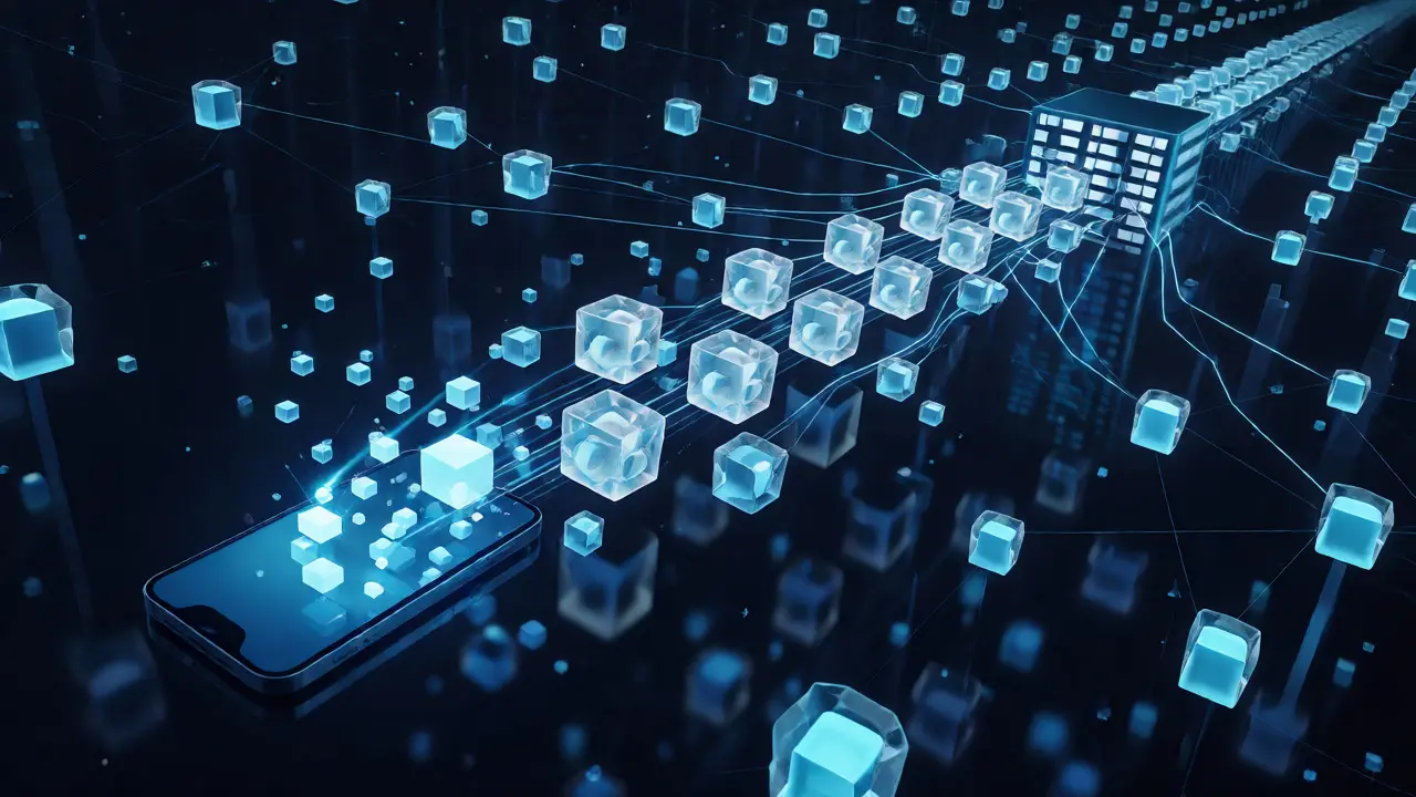 Encrypted data cubes flowing from a device to a decentralized network of nodes.
